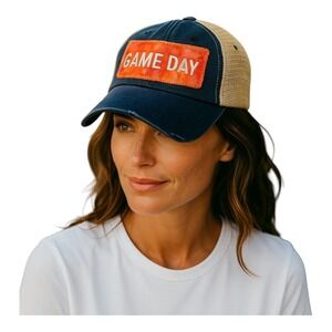 Genevieve Gail Game Day Trucker Hat Distressed Patch‎ Football Blue Orange
